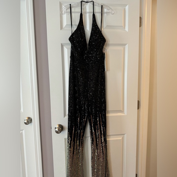 Alyce Paris Black and Gold Sequin Jumpsuit - Picture 3 of 9